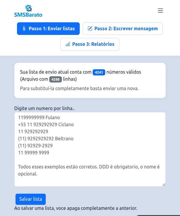 Tela do Passo 1 — digitando ou colando números