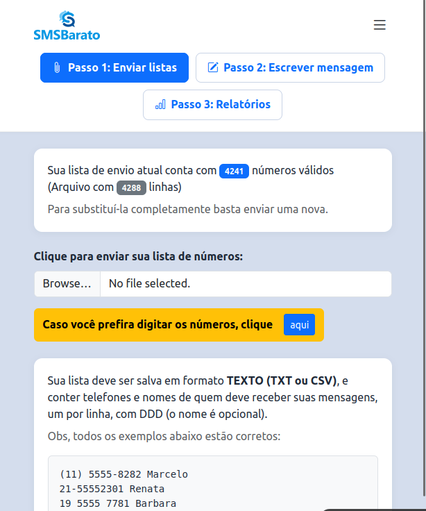Tela do Passo 1 — upload de lista de números no SMSBarato