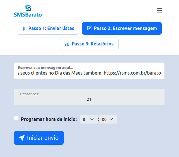 Tela do Passo 2 — escrevendo a mensagem com contador de caracteres
