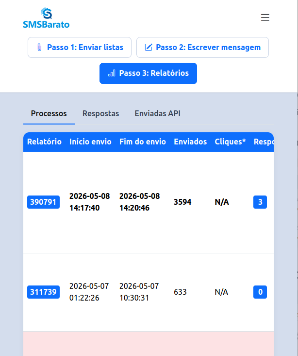 Tela do Passo 3 — relatórios de envio do SMSBarato